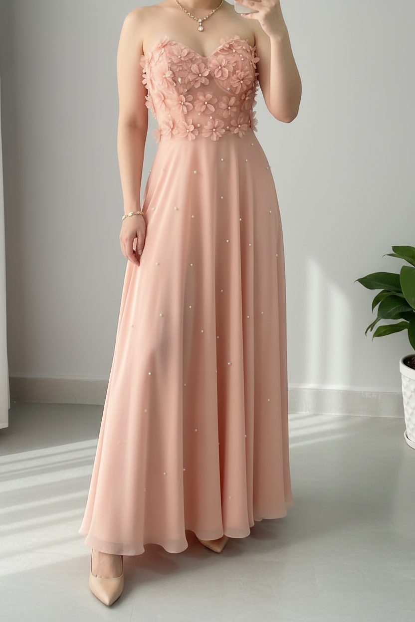 Vestido Rosa Blush Strapless Escote Corazon Flores 3D Perlas Falda A-line Tul Espalda Corset cod.846