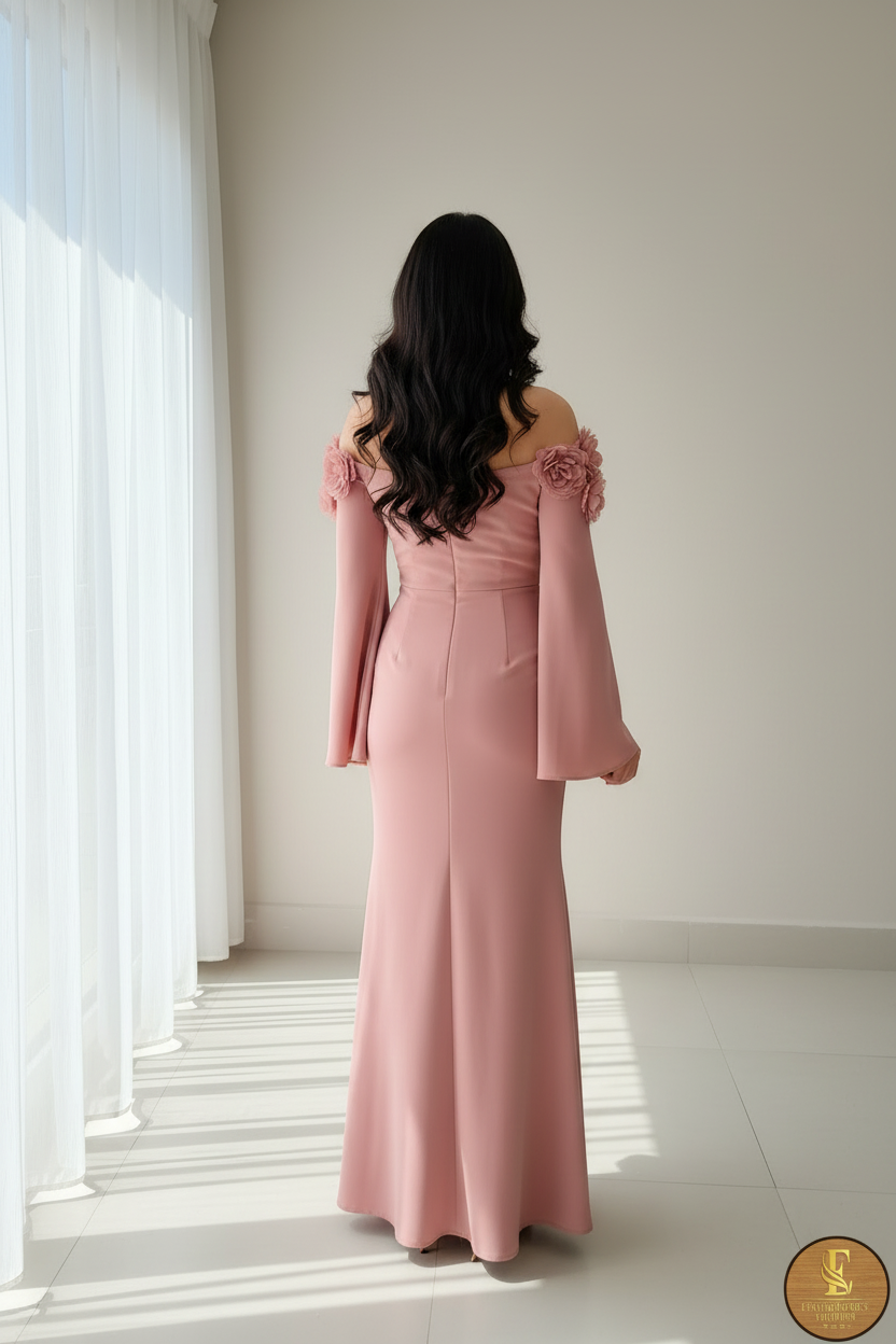 Vestido Gala Rosa Off-Shoulder Rosas D cod.0090