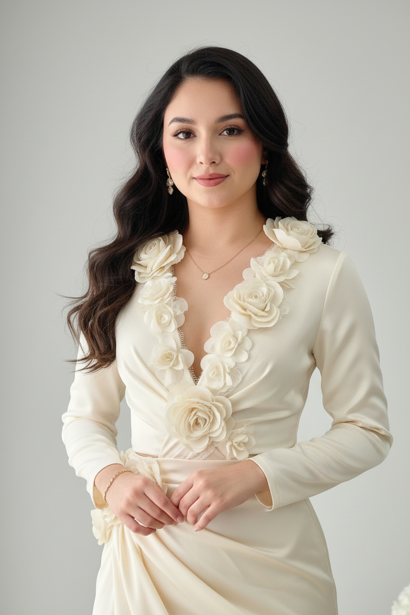 Conjunto crema ivory blusa rosas 3D falda drapeada C.1938