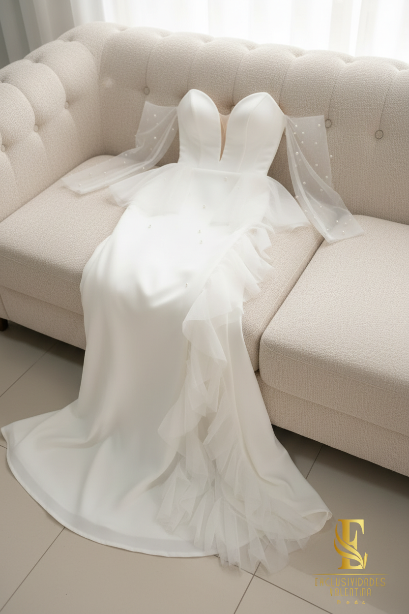 Vestido Novia Blanco | Manga Ilusión Tul y Volantes Cascada cod.V445
