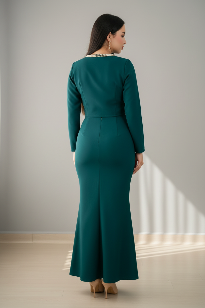 Conjunto Dos Piezas Verde Esmeralda Estilo Chanel con Perlas cod.C935