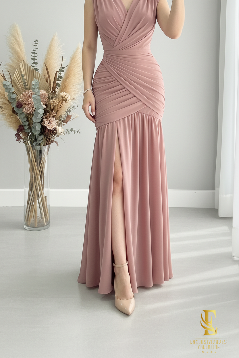 Vestido Rosa Palo | V-Neck Sin Mangas Drapeado Cruzado y Volantes cod.V449
