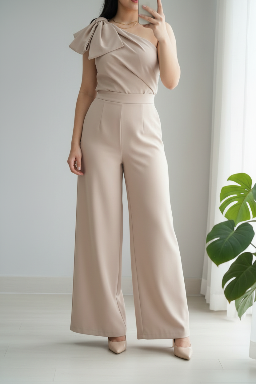 Conjunto Nude Bow – Top Un Hombro Drapeado con Lazo + Pantalón Palazzo Beige cod.699