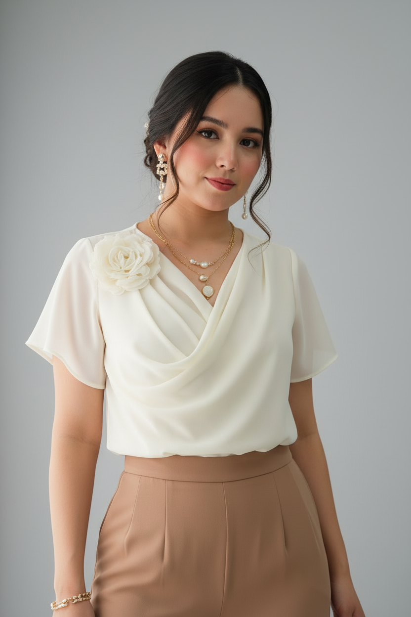 Conjunto Dos Piezas Top Wrap Crema Flor 3D Pantalon Palazzo Camel Wide Leg cod.843