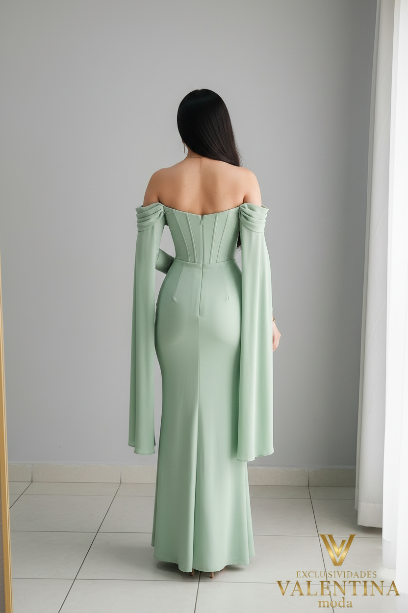 Vestido Verde Menta Off-Shoulder Corset con Mangas Largas Fluidas cod.V533