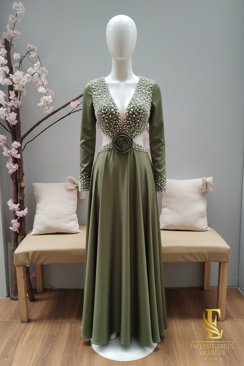 Vestido Verde Olivo Manga Larga con Perlas Cristales y Rosa 3D cod.V286