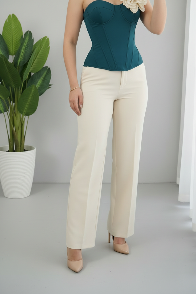 Set Bicolor Corset Teal con Flor 3D y Pantalón Crema Exclusivo cod.804