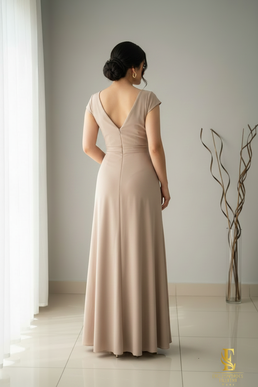 Vestido Champagne Largo Escote V Drapeado Diagonal Manga Capa cod.V294