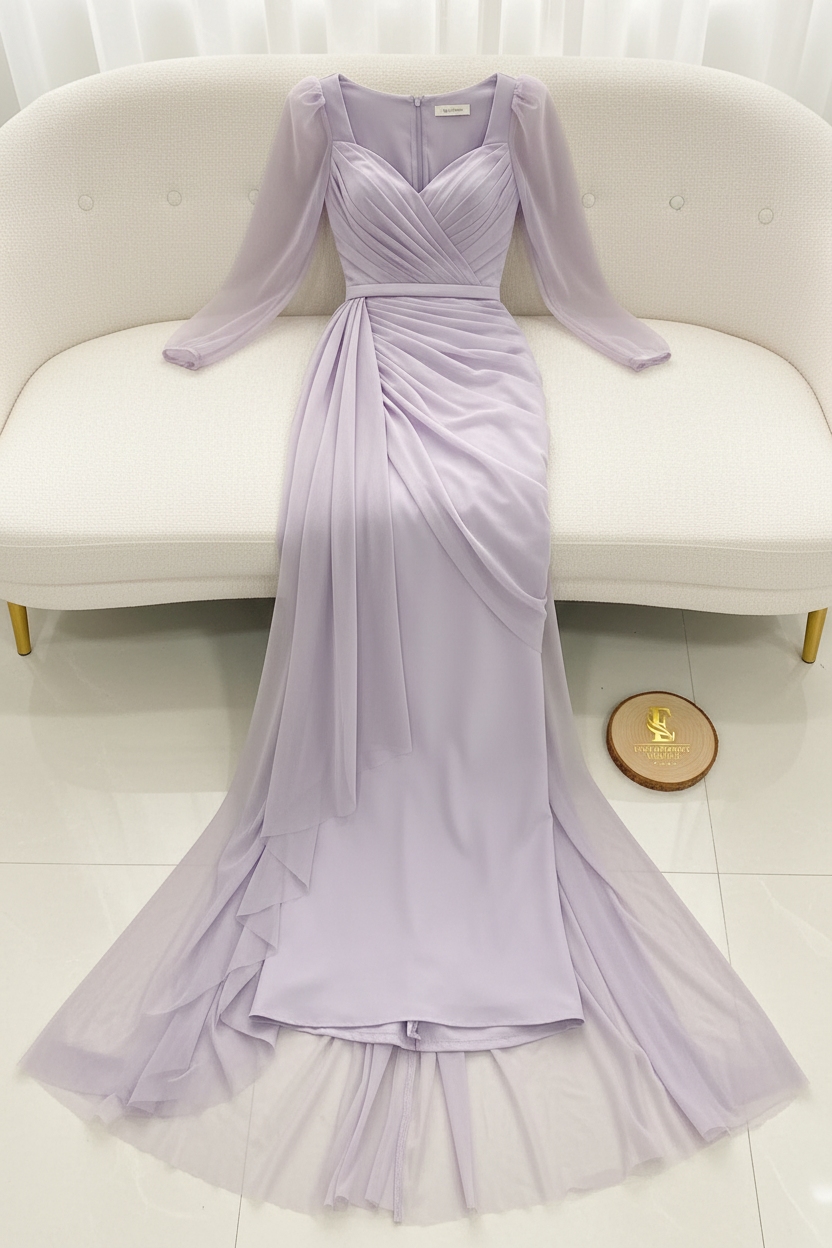 Vestido Lila Lavanda — Escote V Cruzado, Manga Tul & Drapeado en Cascada cod.885