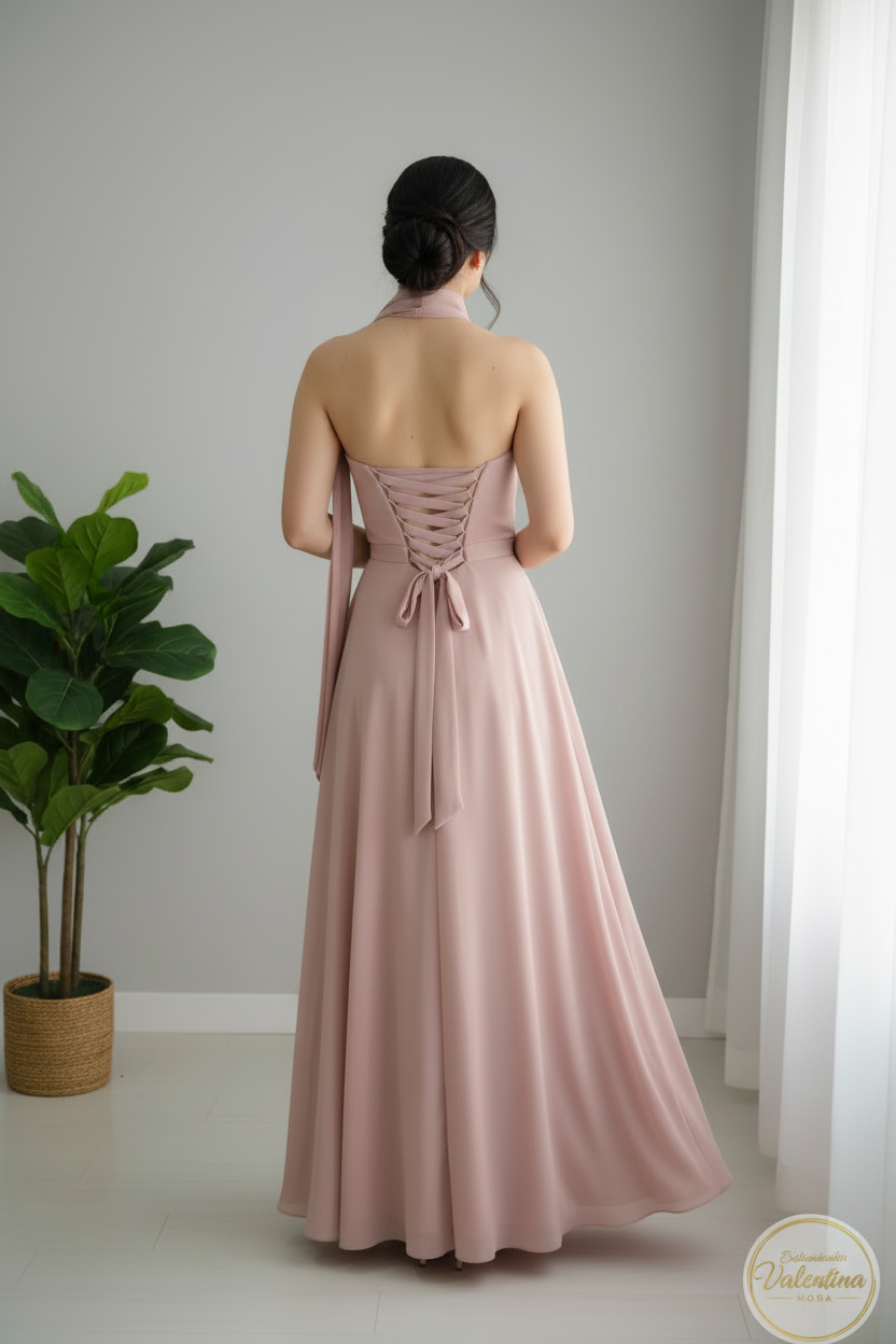 Vestido Maxi Rosa Palo Halter Corsé cod.00125