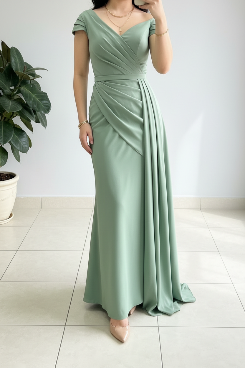 Vestido Formal Verde Salvia Off-Shoulder con Drapeado y Cola cod.517