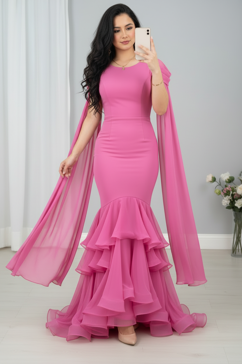 Vestido rosa fucsia sirena capa gasa volantes en capas C.1943