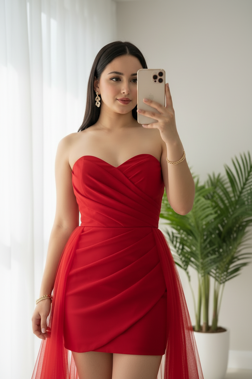 Vestido Rojo Strapless Mini Corset Drapeado con Cola de Tul Larga cod.772