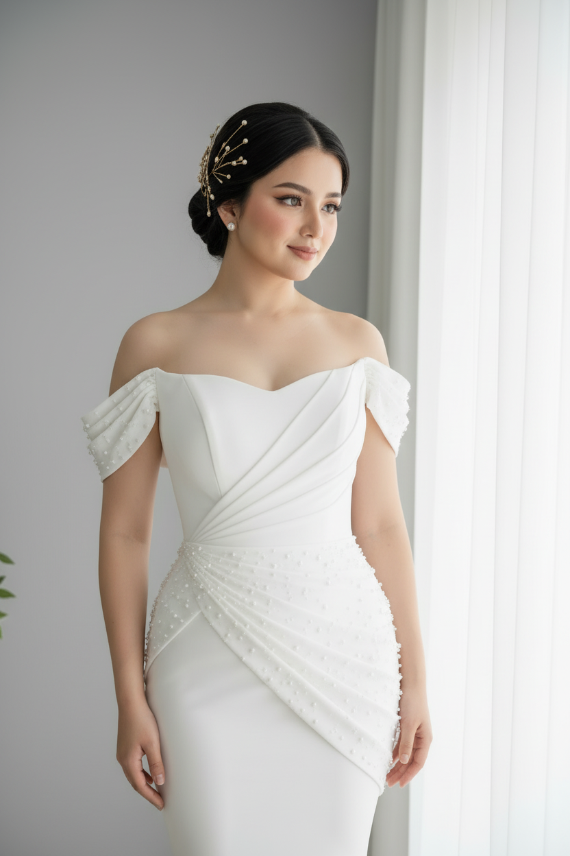 Vestido Blanco Nupcial Off-Shoulder Drapeado cod.0015
