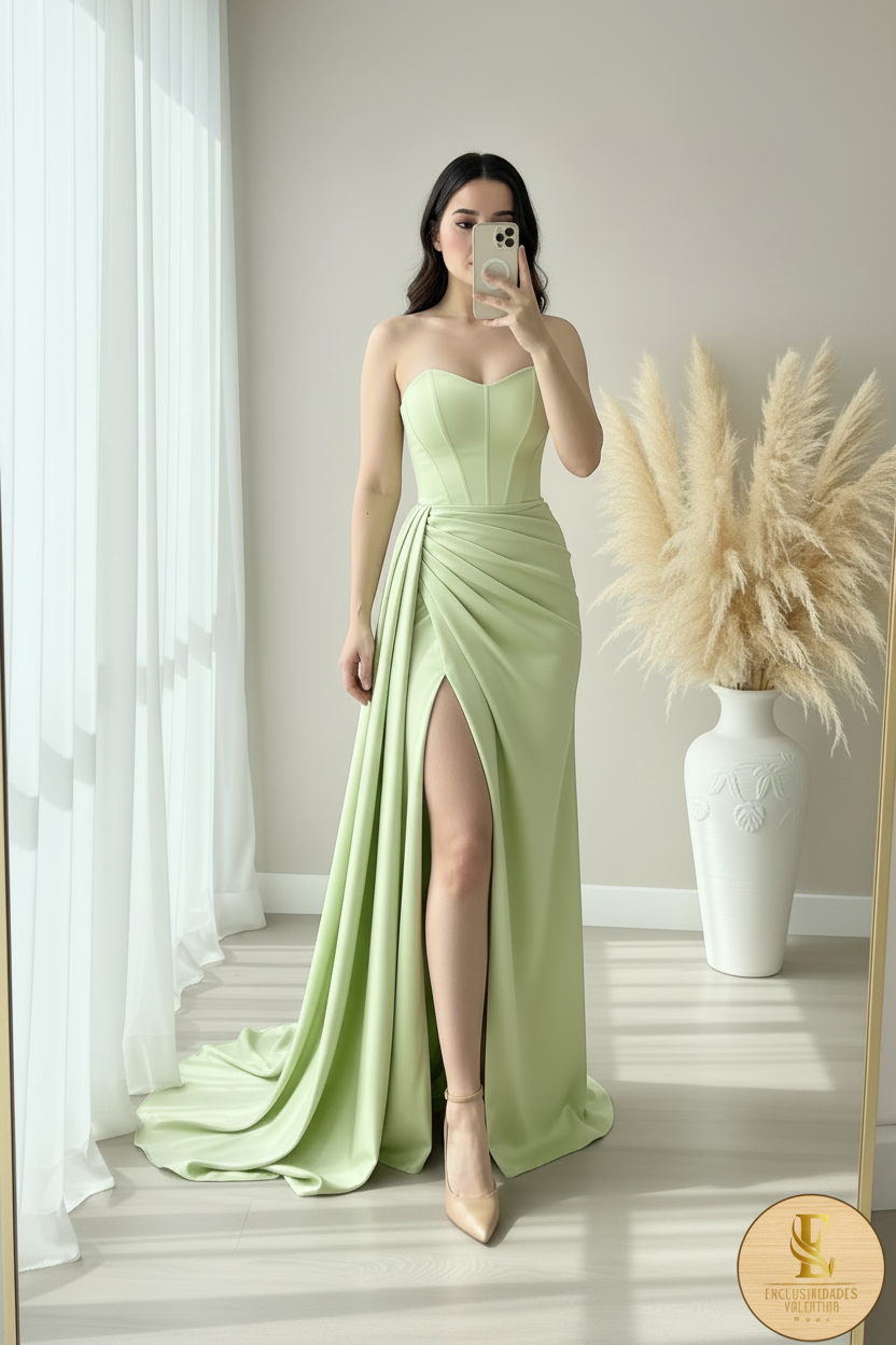 Vestido Verde Menta Strapless Corsé Drapeado Abertura cod.00101