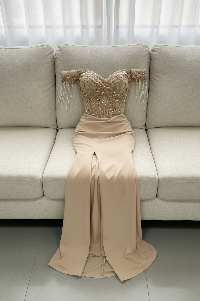 Vestido Nude Dorado Off-Shoulder Sirena Corset Pedrería con Flecos cod.V685