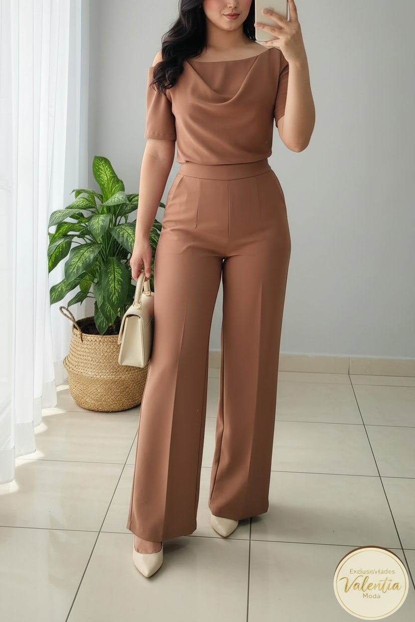 Conjunto 2 Piezas Nude Camel Top Cowl Drapeado y Palazzo cod.00140
