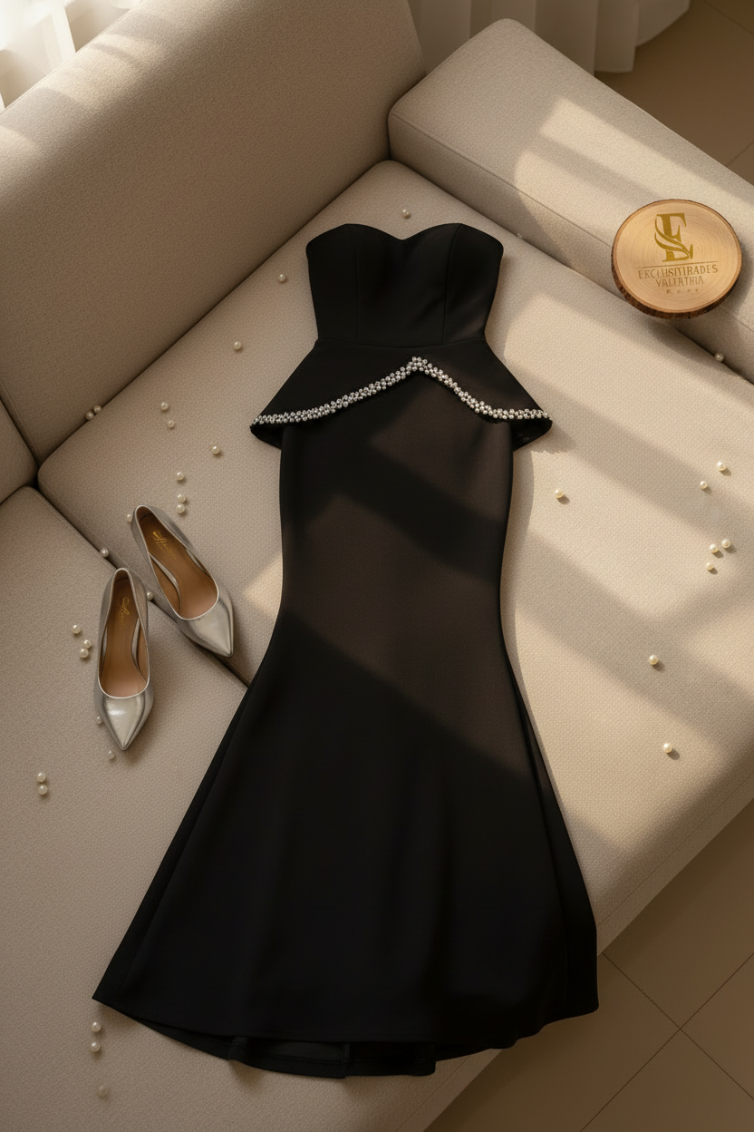 Vestido Formal Negro Strapless con Peplum Geométrico de Perlas y Falda Sirena cod.543