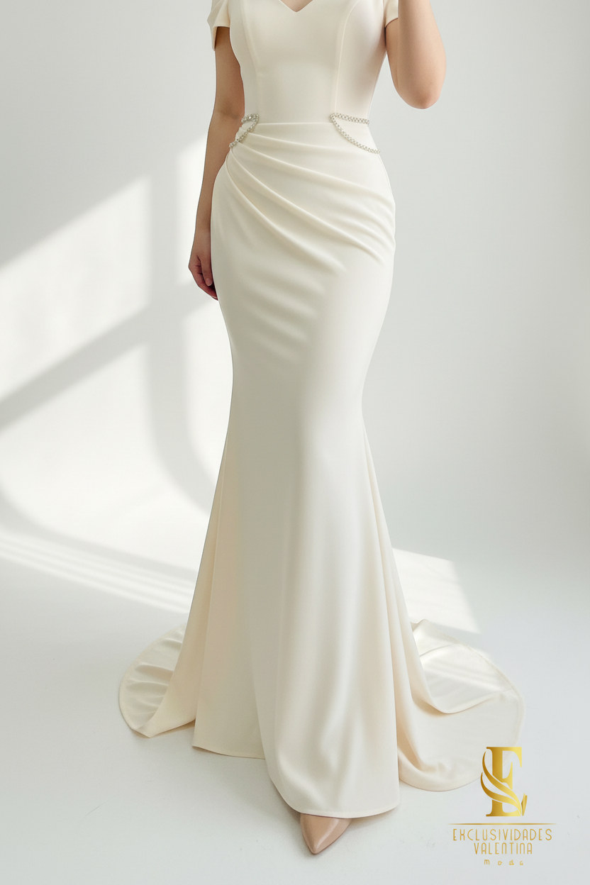 Vestido Marfil Sirena Off-Shoulder con Tirantes y Cadenas de Perlas cod.0070