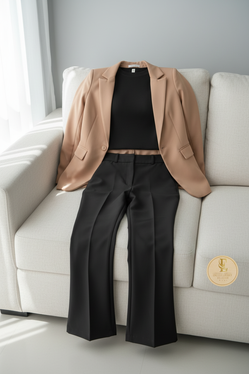 Conjunto 3 Piezas Blazer Camel Top Negro y Pantalón Acampanado Negro cod.769