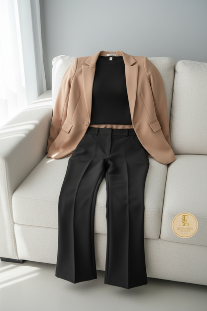 Conjunto 3 Piezas Blazer Camel Top Negro y Pantalón Acampanado Negro cod.769