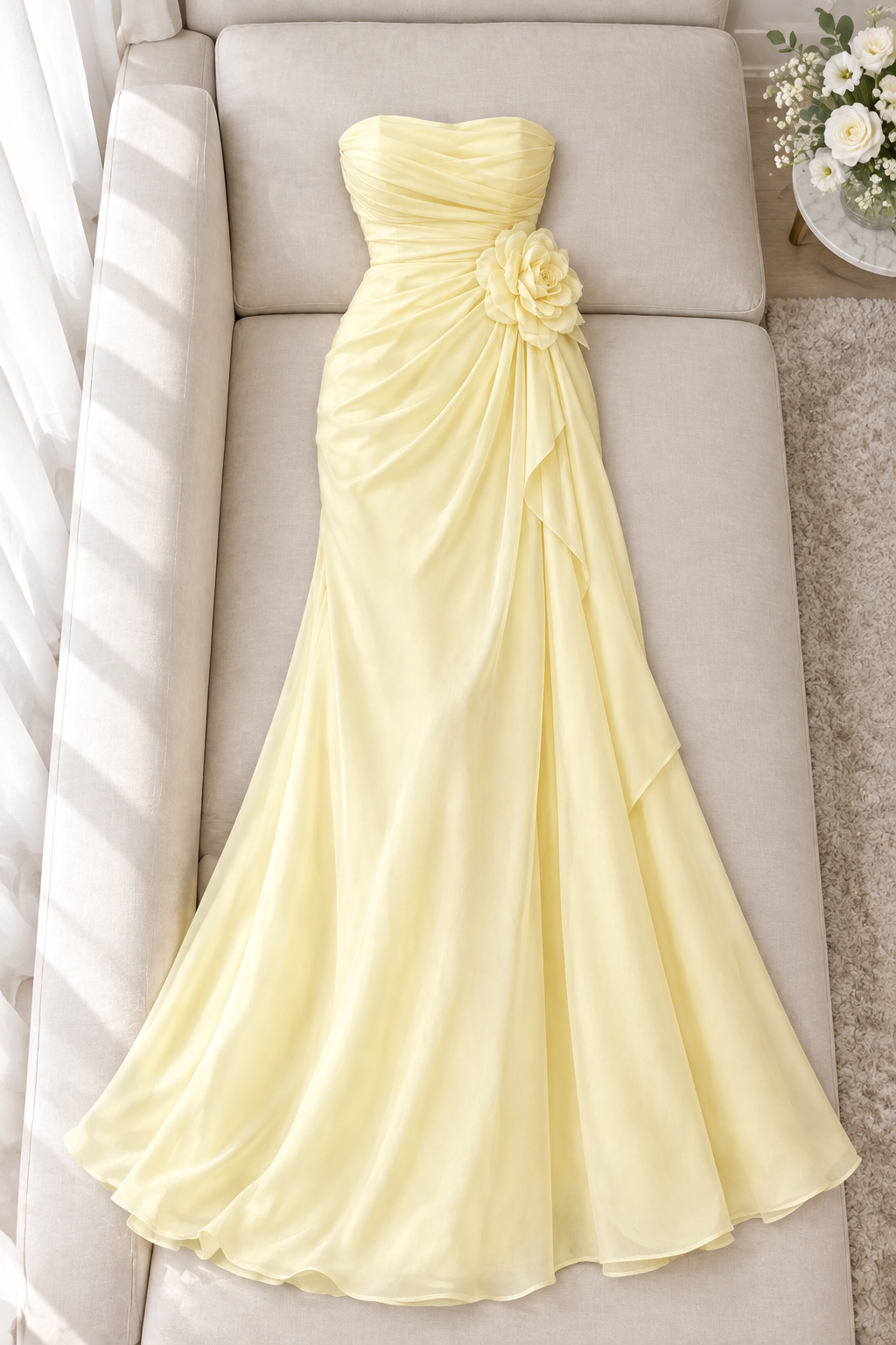 Vestido amarillo mantequilla strapless drapeado con flor 3D cod. VC008