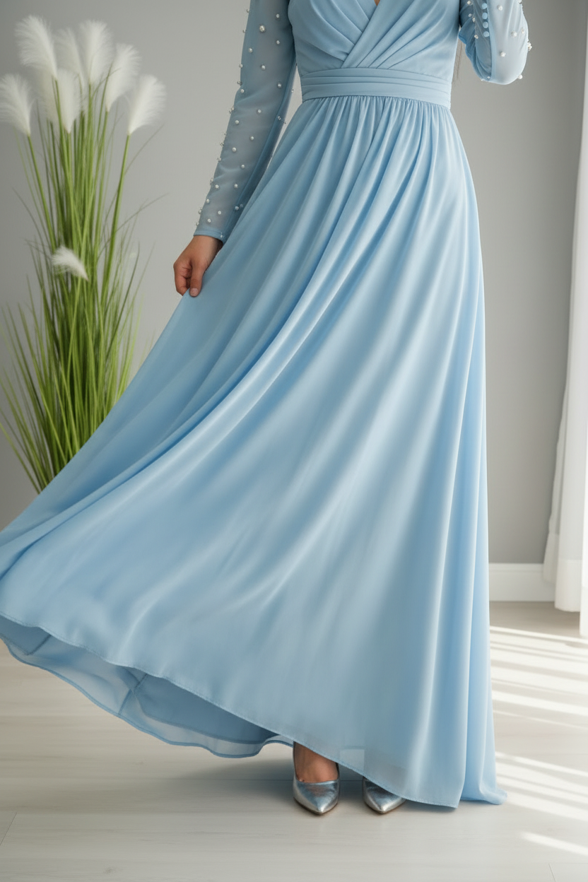 Vestido Azul Cielo Manga Larga Tul Perlas Abertura cod.V696