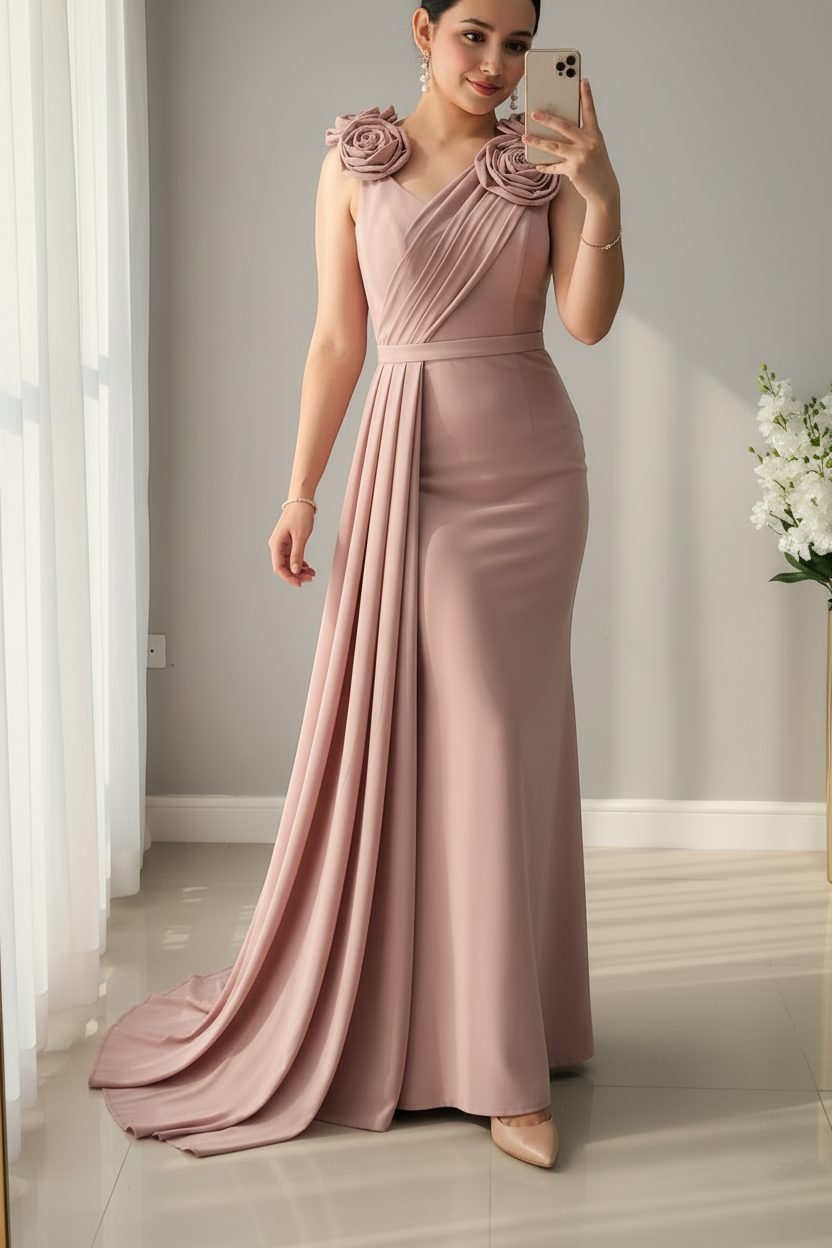 Vestido Rosa Palo Sirena Rosas 3D Hombros y Cola Lateral — Gala y Eventos de Lujo cod.0071