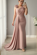 Vestido Rosa Palo Sirena Rosas 3D Hombros y Cola Lateral — Gala y Eventos de Lujo cod.0071