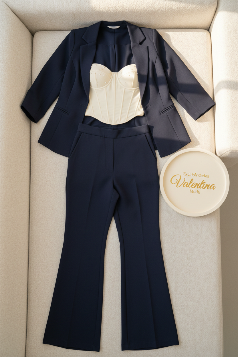 Conjunto Azul Marino Blazer con Corset Strapless y Pantalón Acampanado cod.652
