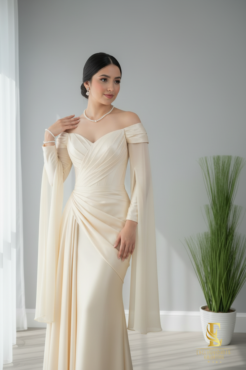 Vestido Crema Off-Shoulder con Mangas Campana cod.V666