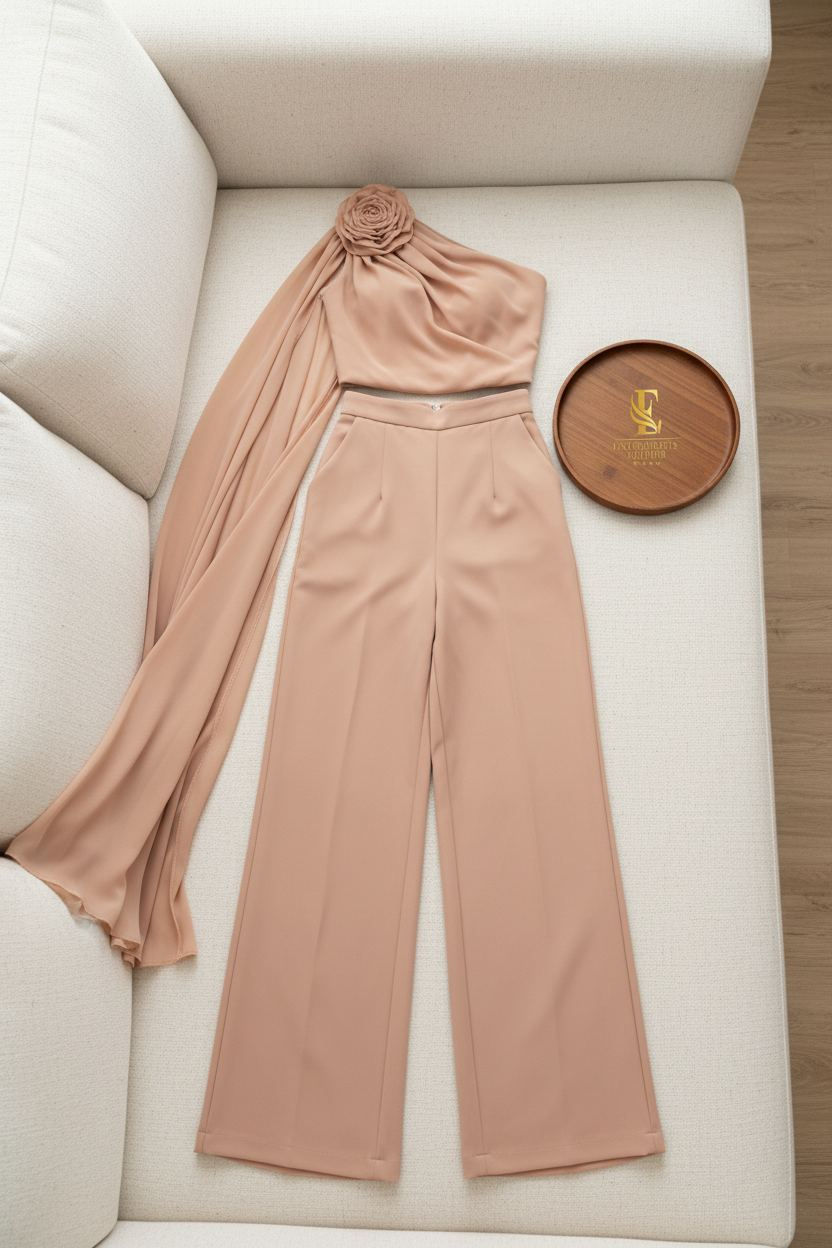 Conjunto Nude Salmón — Top Drapeado Un Hombro Rosa 3D con Capa & Palazzo cod.0045