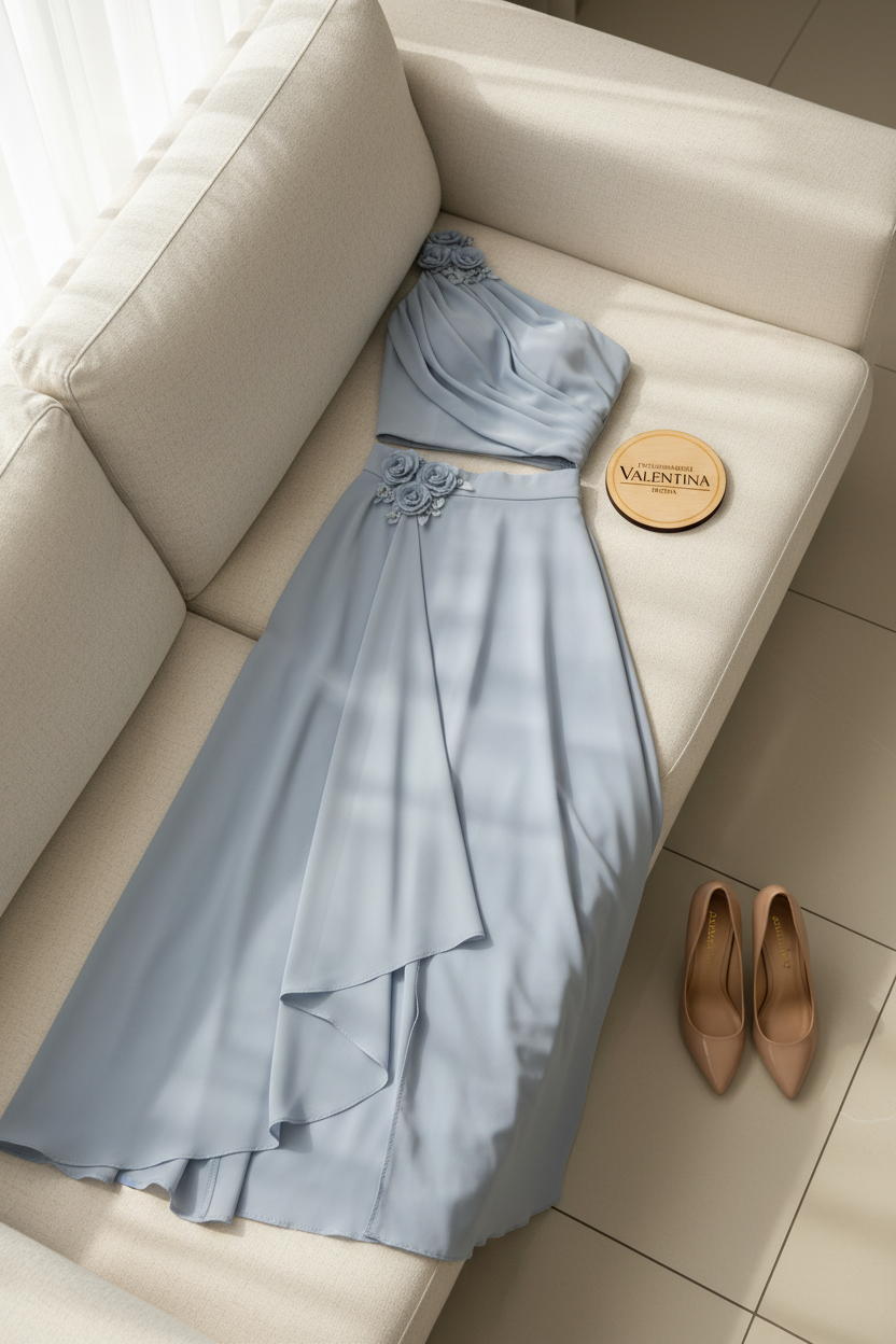 Conjunto Steel Blue Rose – Top Un Hombro Drapeado con Rosas 3D + Falda Asimétrica cod.684
