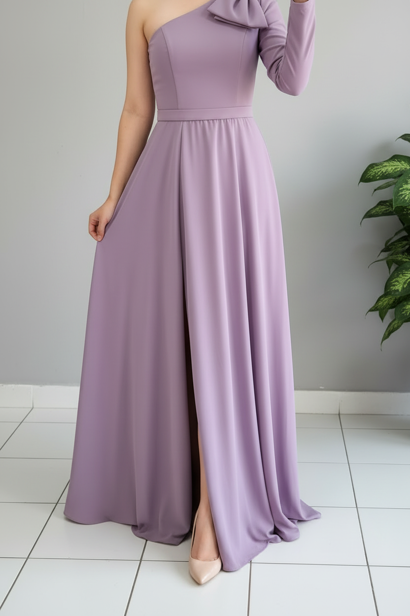Vestido Lila Un Hombro con Lazo cod.600