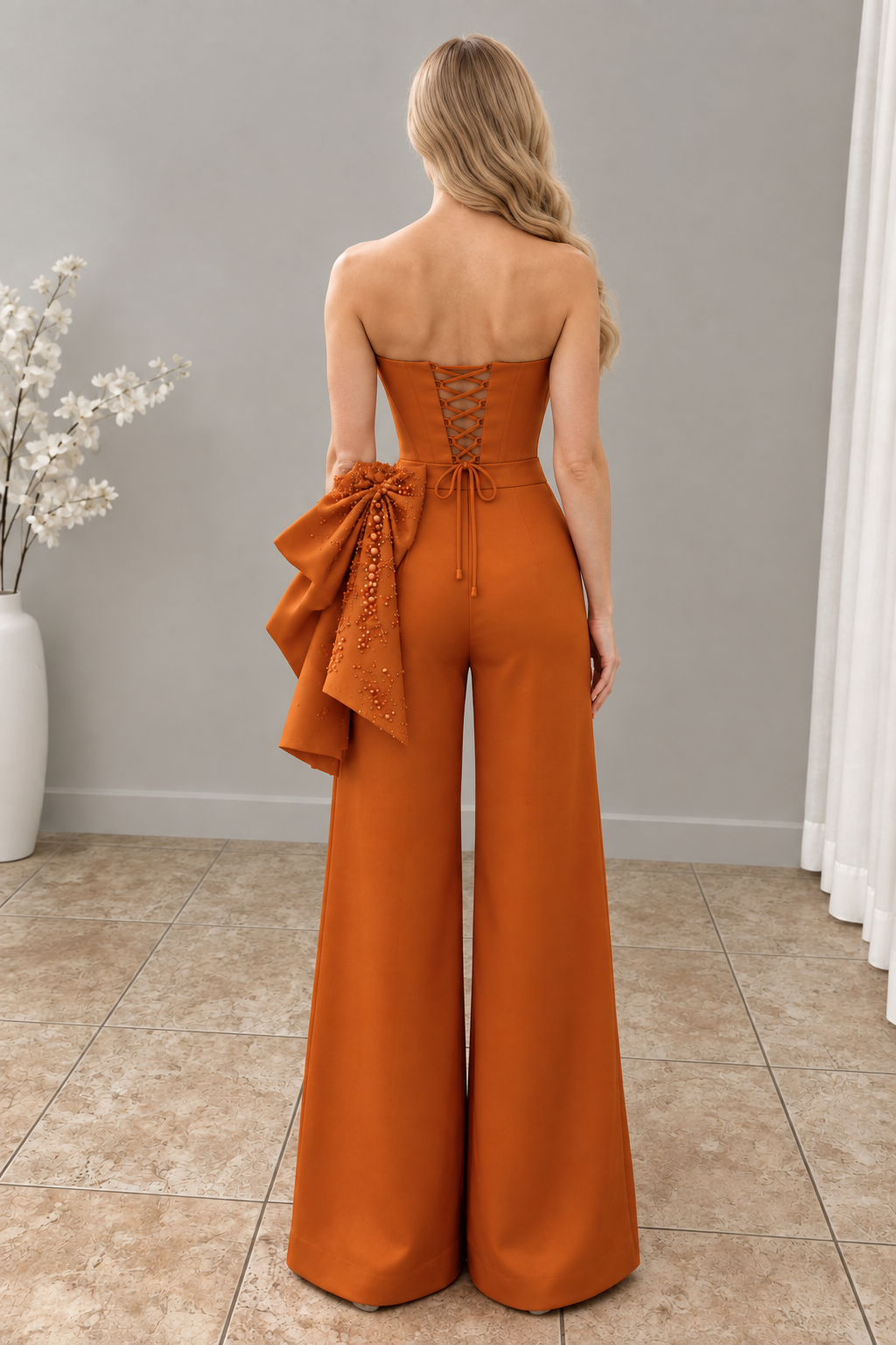 Enterizo terracota bustier con lazo bordado y pantalón palazzo cod. E0010