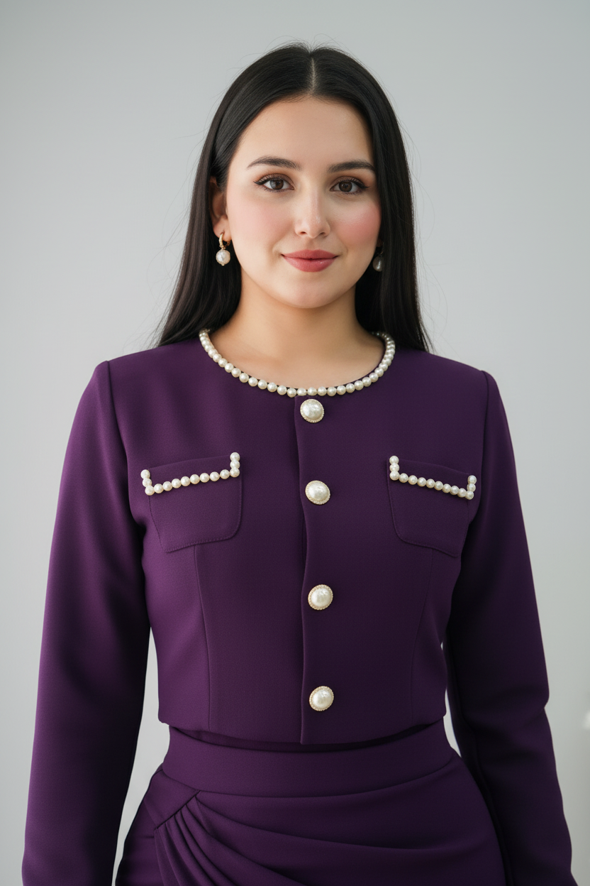 Conjunto Dos Piezas Morado Estilo Chanel con Perlas cod.C9389