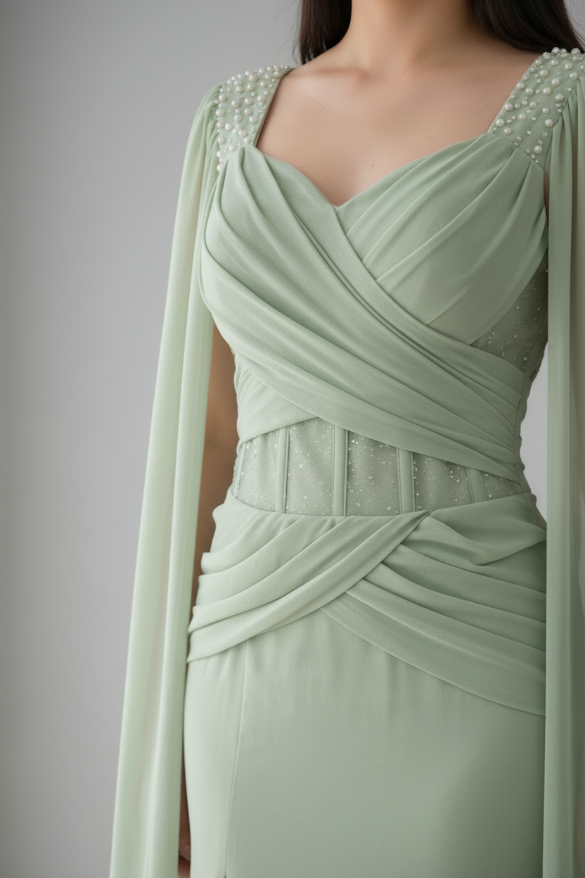 Vestido Verde Salvia — Drapeado Cruzado con Capa y Abertura cod.V624