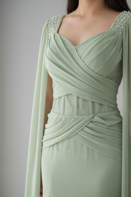 Vestido Verde Salvia — Drapeado Cruzado con Capa y Abertura cod.V624