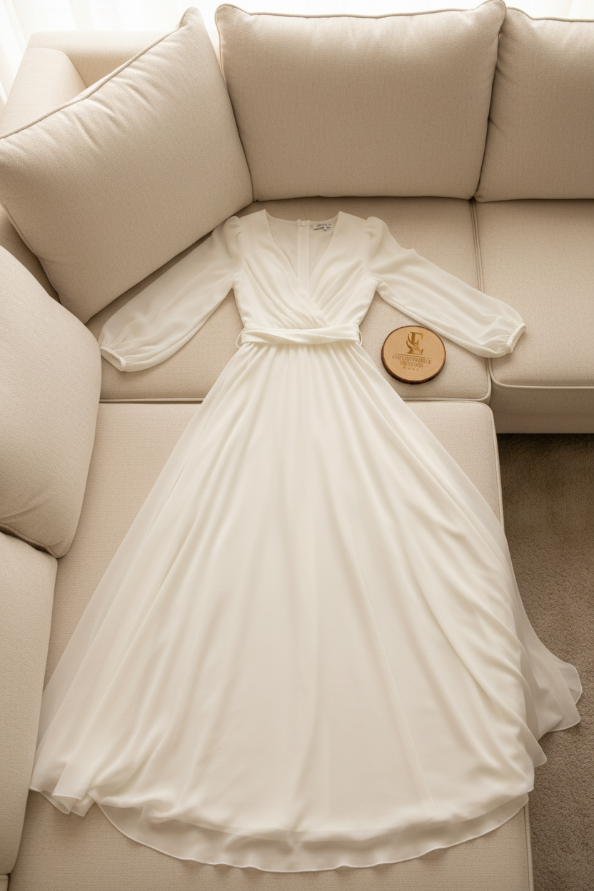 Vestido Blanco Marfil Manga Larga Gasa Escote V A-Line cod.820