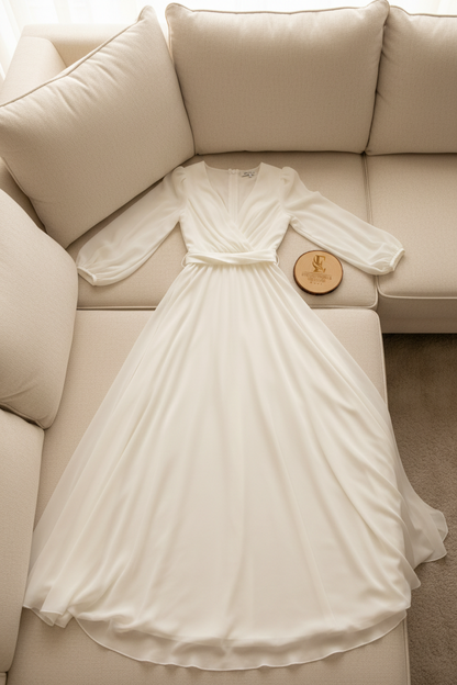 Vestido Blanco Marfil Manga Larga Gasa Escote V A-Line cod.820