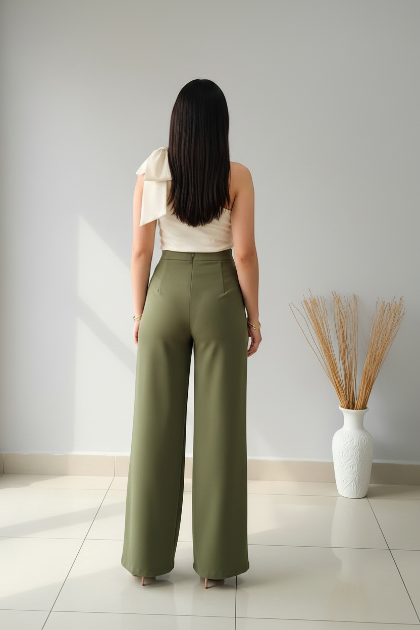 Conjunto Top Un Hombro con Lazo Crema y Palazzo Verde Oliva cod.C549