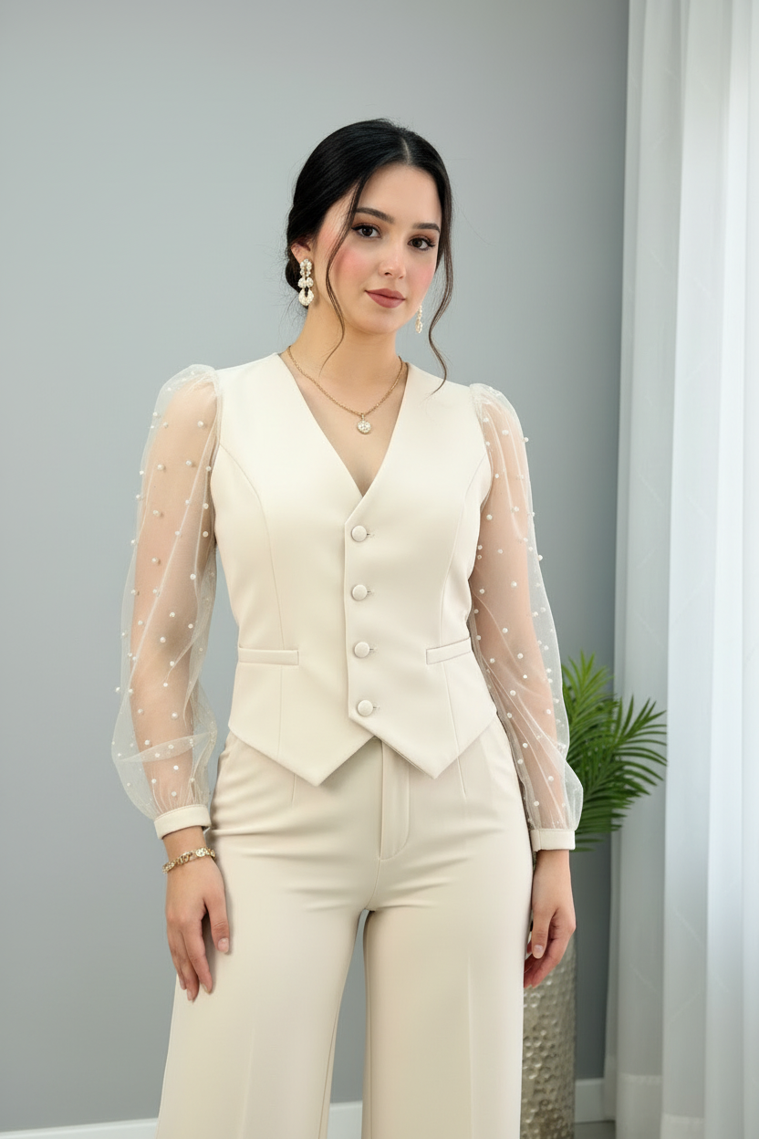 Conjunto Tres Piezas Crema — Tul con Perlas, Chaleco & Palazzo cod.873