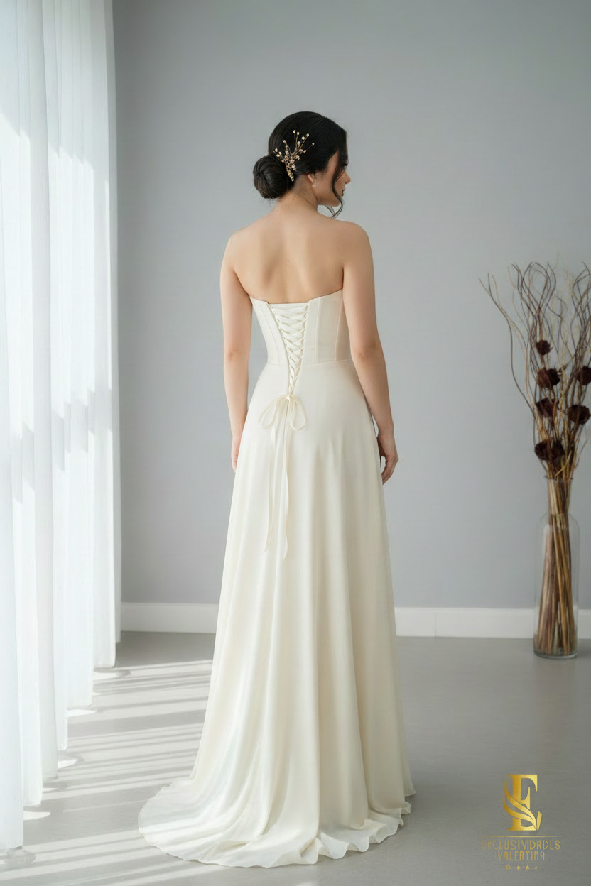Vestido Ivory Strapless Escote Corazón con Gasa y Abertura cod.V282