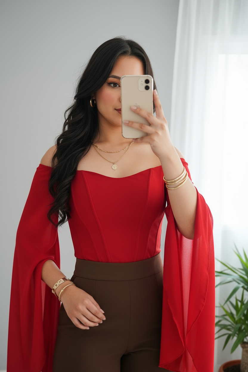 Conjunto Rojo Pasión con Pantalón Café cod.755
