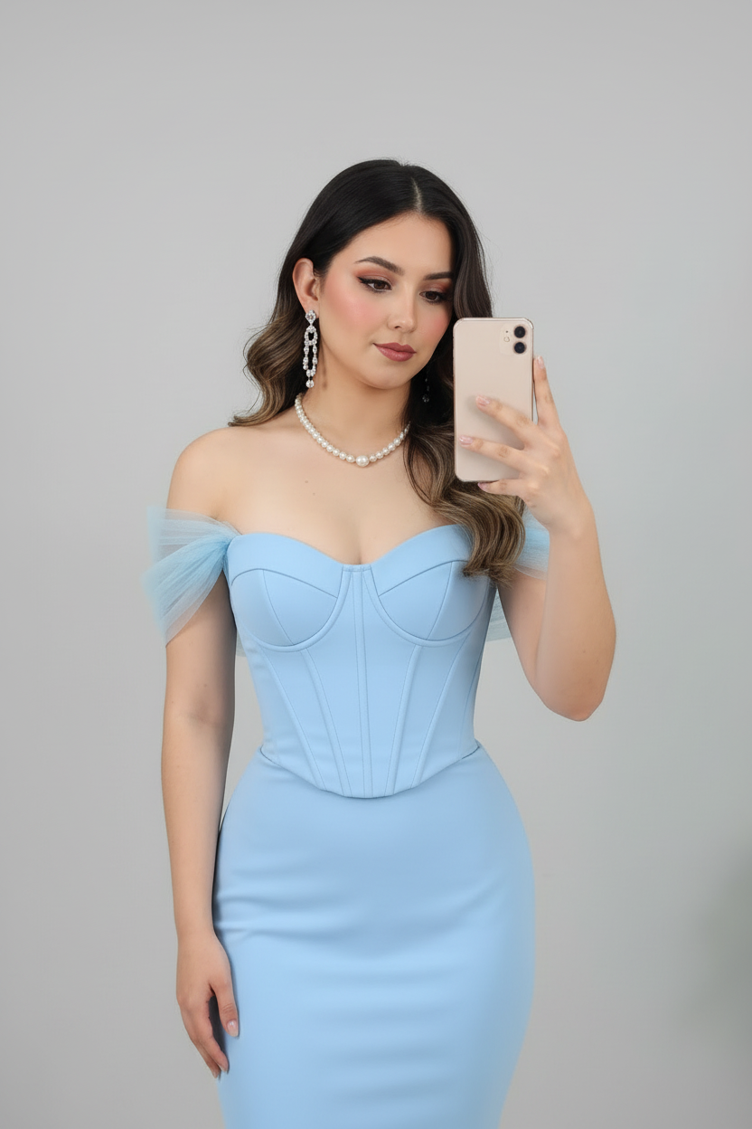 Vestido Azul Cielo Off-Shoulder cod.589