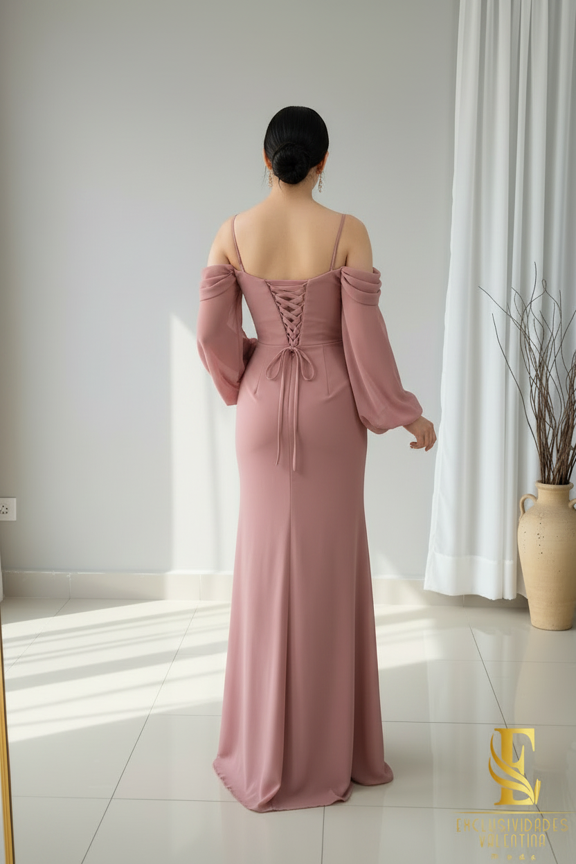 Vestido Rosa Palo Off-Shoulder Manga Puff cod.V343