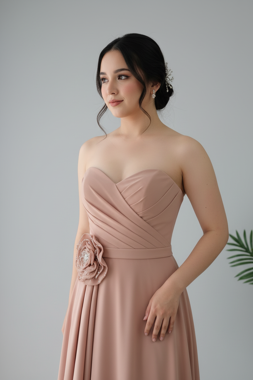 Vestido Strapless Rosa Palo con Rosa. cod.V234