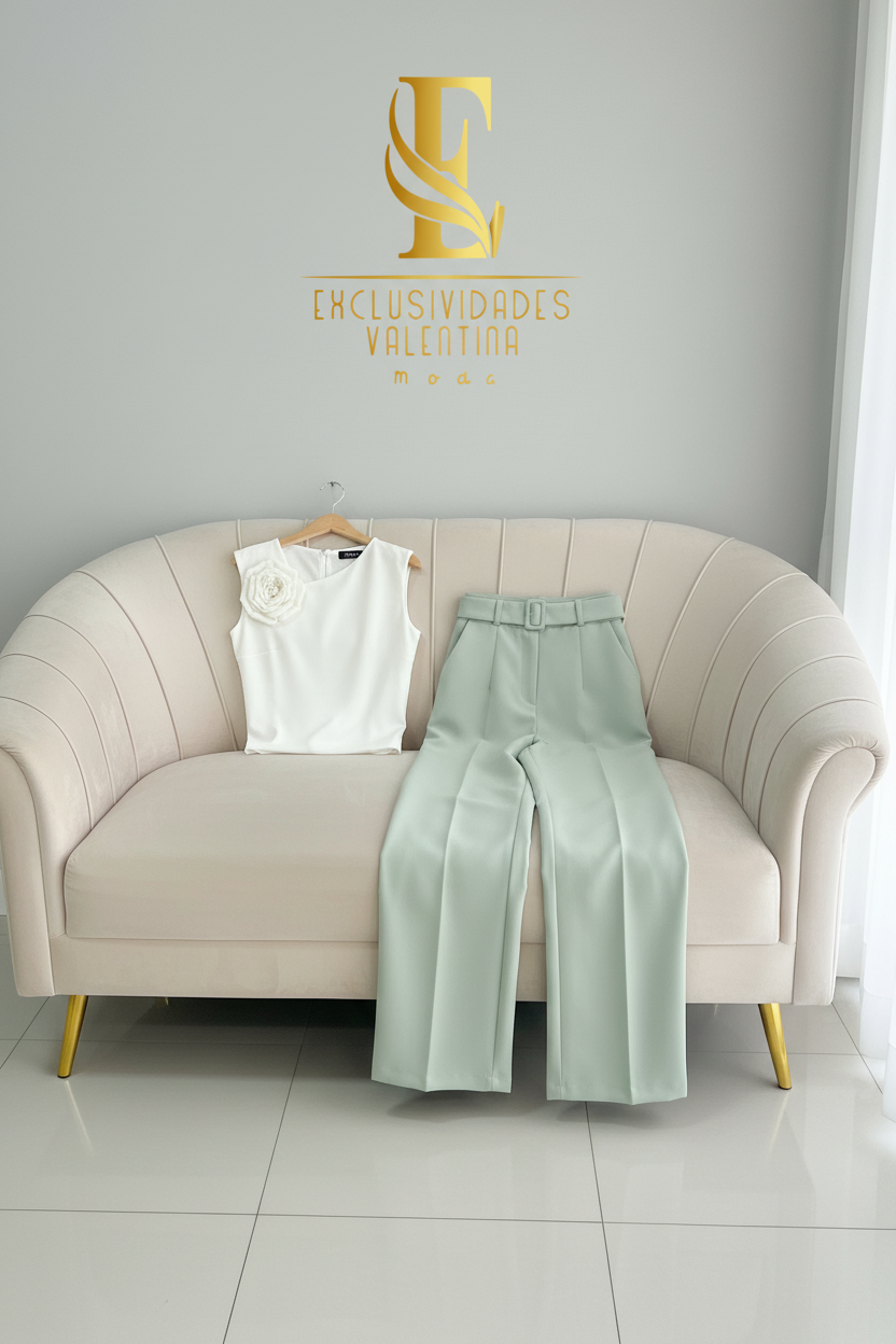 Conjunto Top Blanco Rosa 3D + Pantalón Verde Menta Tiro Alto con Cinturón cod.C592
