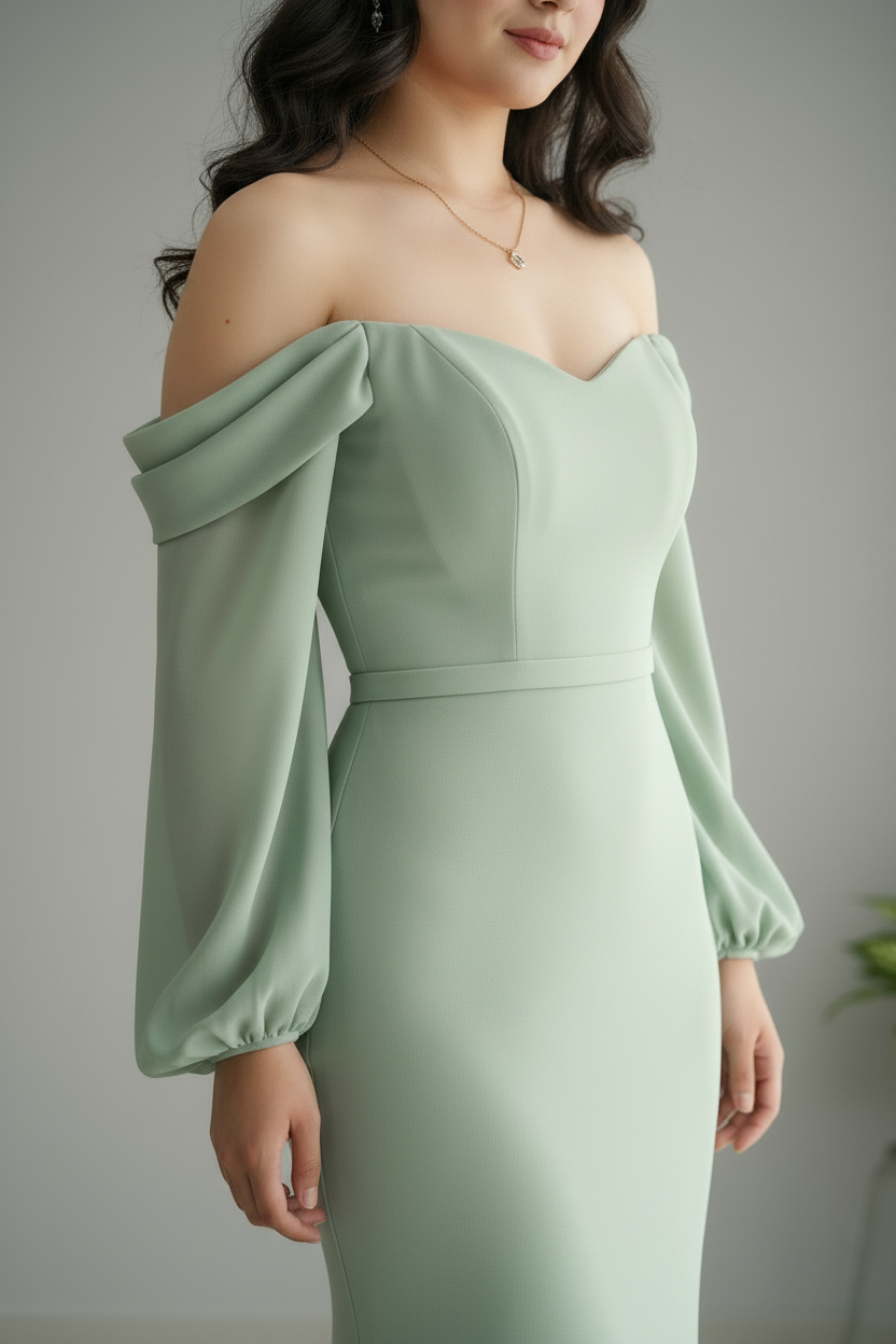 Vestido Verde Salvia Off-Shoulder Mangas Globo Sirena cod.731