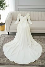 Vestido de Novia Blanco Manga Larga con Moño y Flores 3D cod.V599